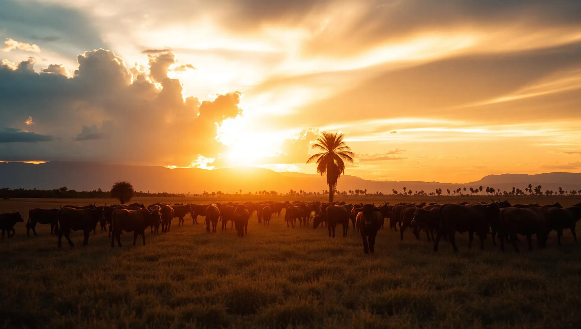 Llanos venezolanos con ganado al atardecer
